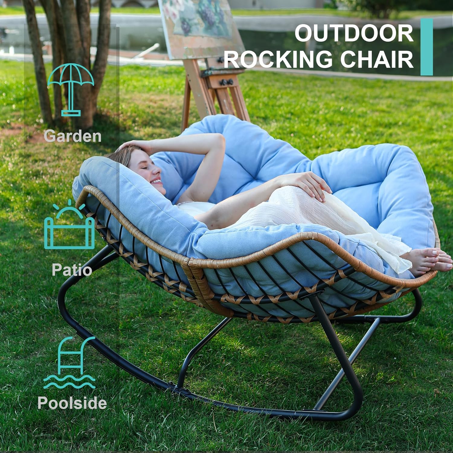 SWITTE Outdoor Rocking Chair, Patio Egg Rocking Chair, Indoor Papasan Chair, Rattan Wicker Lounge Chair, Modern Royal Chair for Bedroom, Living Room, Porch, Garden, Lawn-Blue