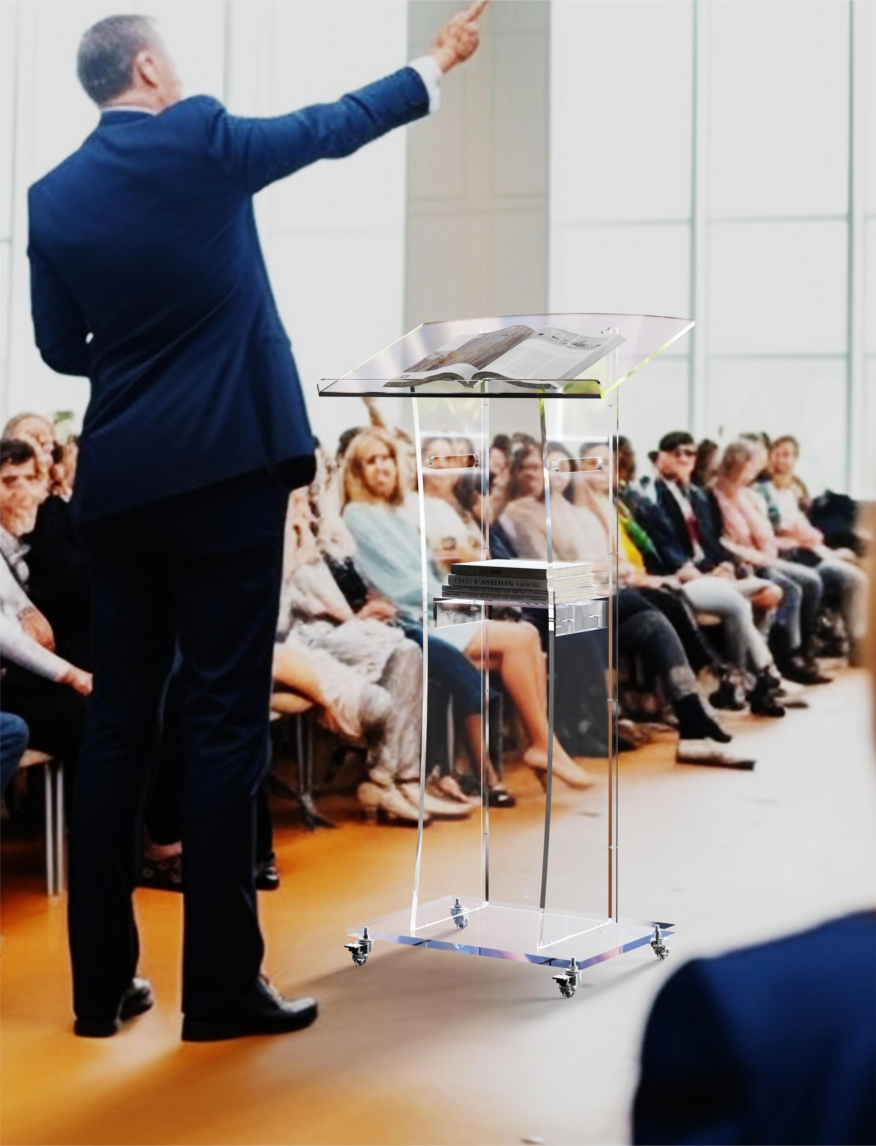 Ageszoe Modern Acrylic Clear Rolling Podium Stand with Storage Shelf, 47