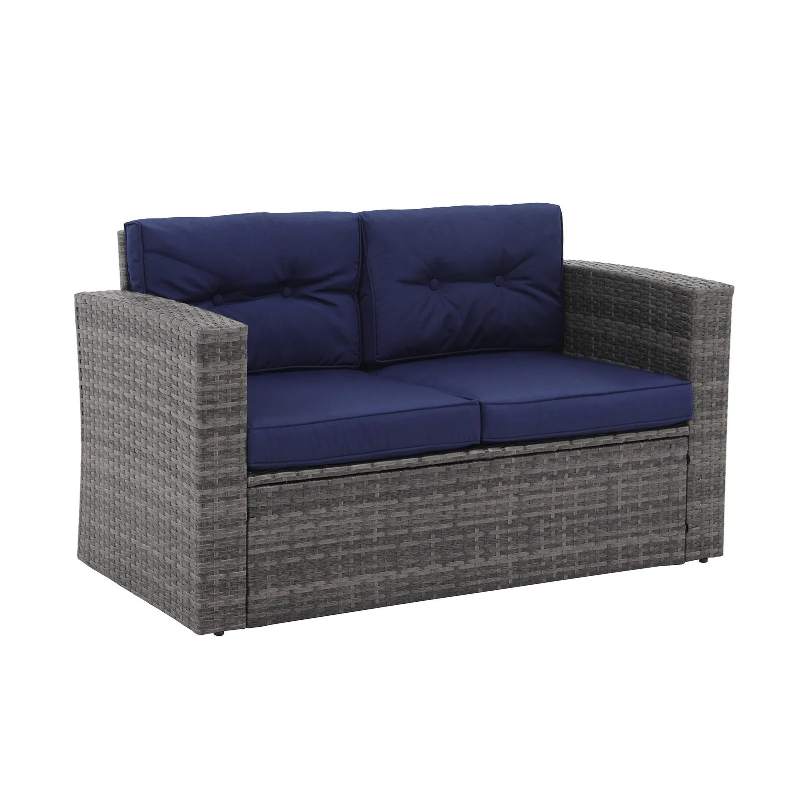 JOIVI Patio Outdoor Wicker Loveseat Sofa, Patio Furniture Rattan 2-seat Couch with Cushions for Outside Balcony, Porch, Deck, Garden, Navy Blue