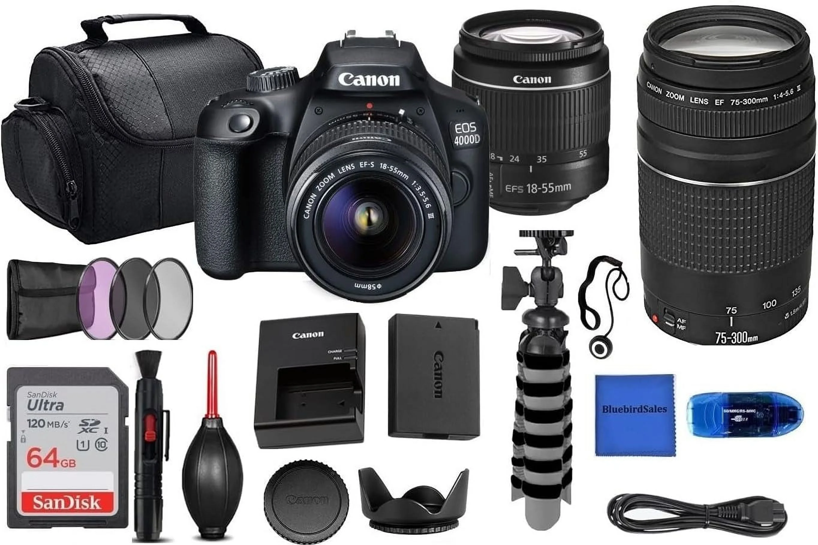 Canon EOS 4000D (Rebel T100) DSLR Camera w/EF-S 18-55mm F/3.5-5.6 Lens + EF 75-300 Lens + Case + SanDisk 64GB Memory Card + 3pc Filter Kit + Tripod + Card Reader + Cleaning Kit