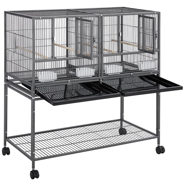 Alden Design Rolling Metal Divided Breeder Cage Stackable Wide bird cage with stand for Small Birds Lovebirds Finch Canaries Parakeets Cockatiels Budgies,Black