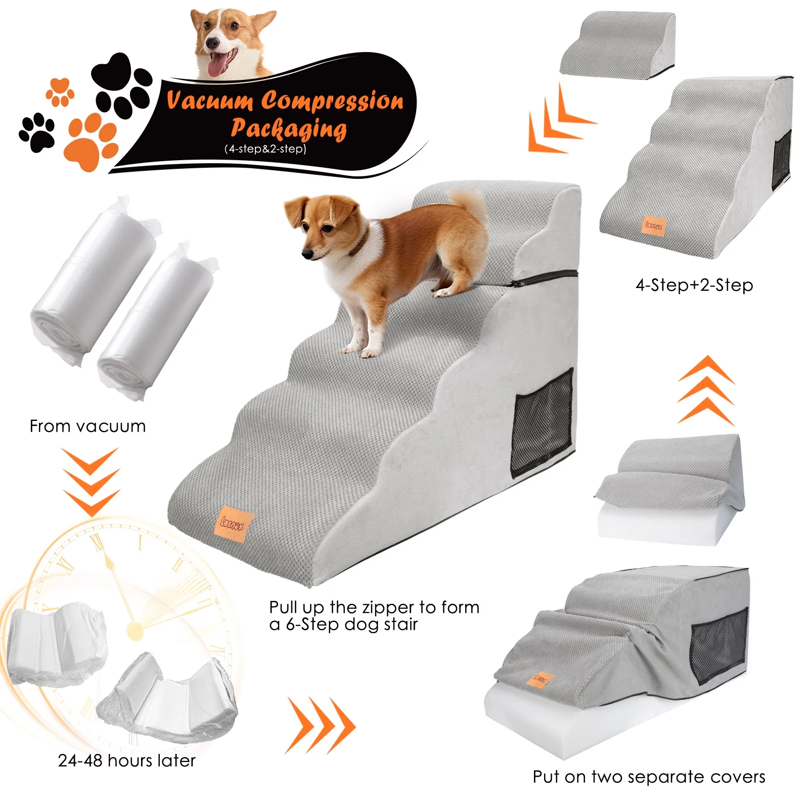 TOPMART 6 Step Pet Stairs for Dogs,Sponge Dog Stairs for High Beds,27.6in High,Grey