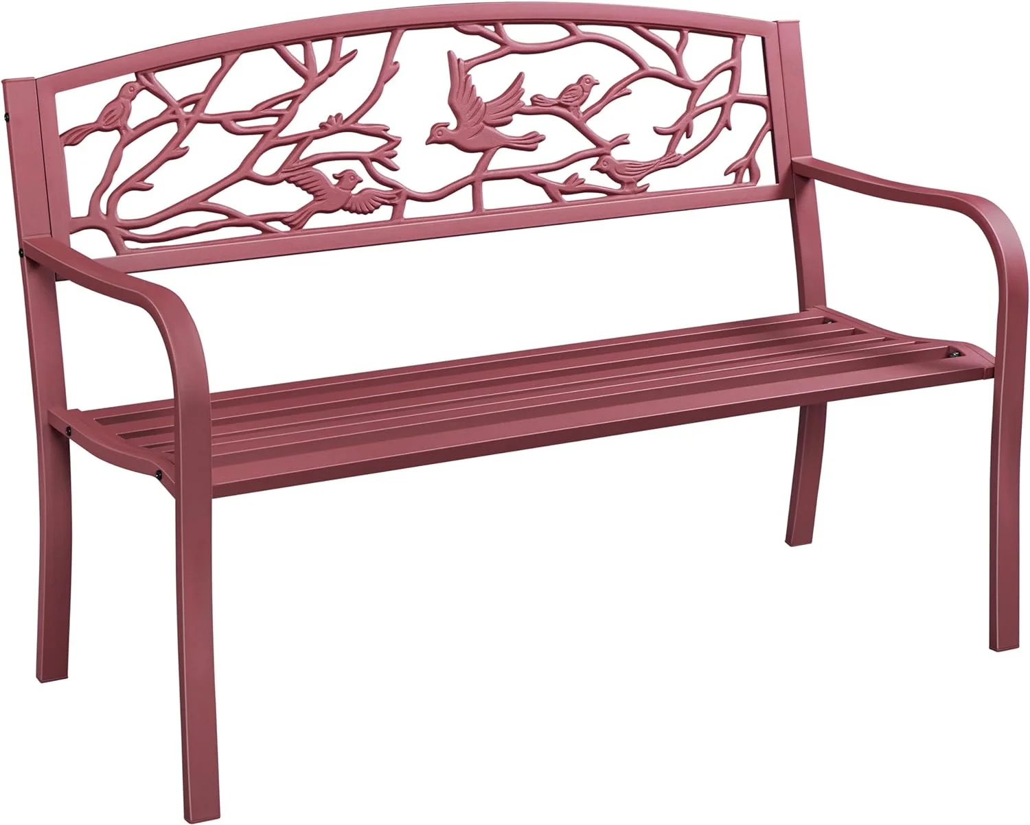 Yaheetech Outdoor Garden Bench Patio Furniture Chair Outdoor Bench with Vintage Bird Pattern Backrest, Slatted Seat, Antique Metal Bench for Yard & Porch & Park, Red