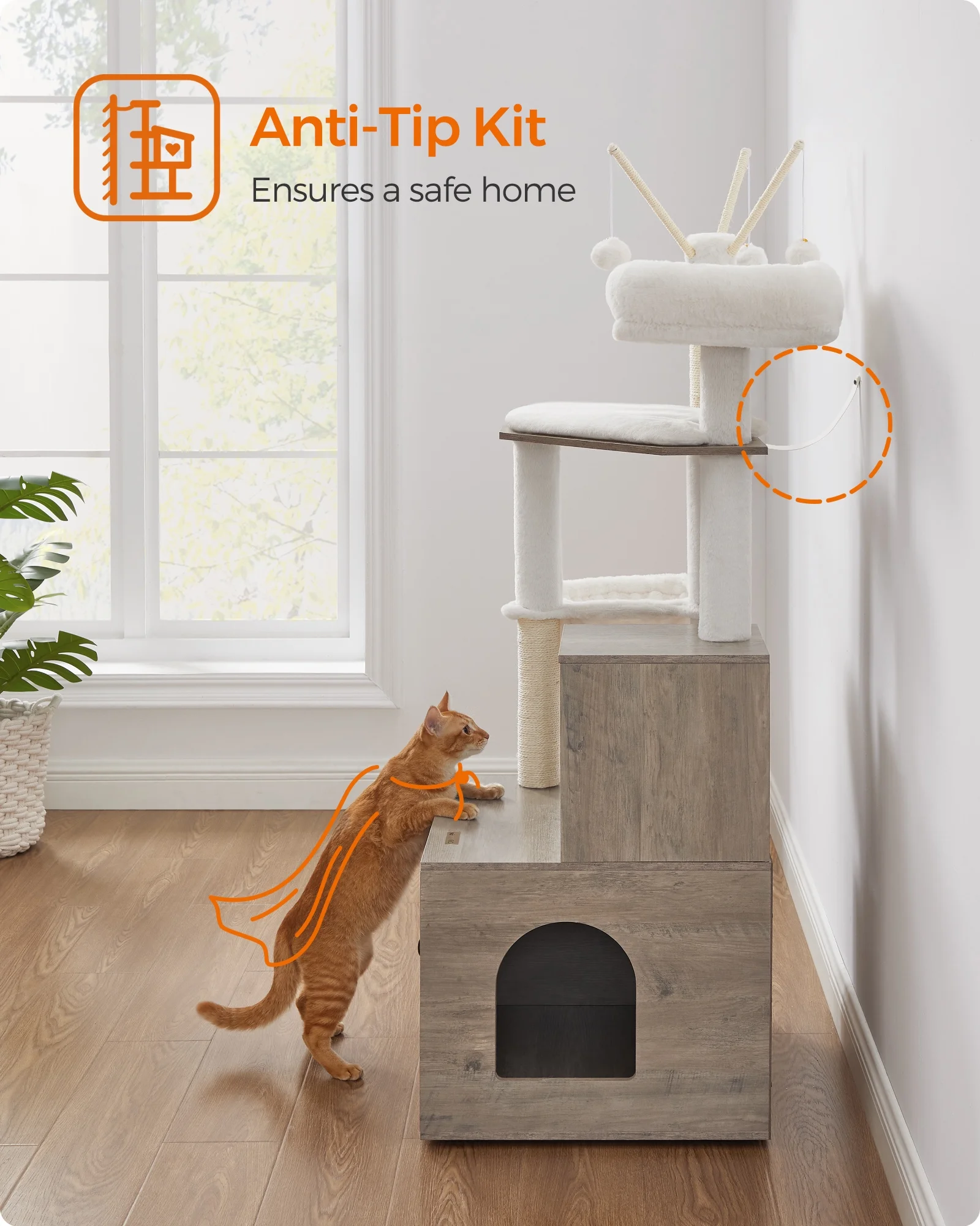 Feandrea WoodyWonders 2-in-1 Cat Tree with Litter Box Enclosure - Modern Cat Condo with Scratching Posts, Greige