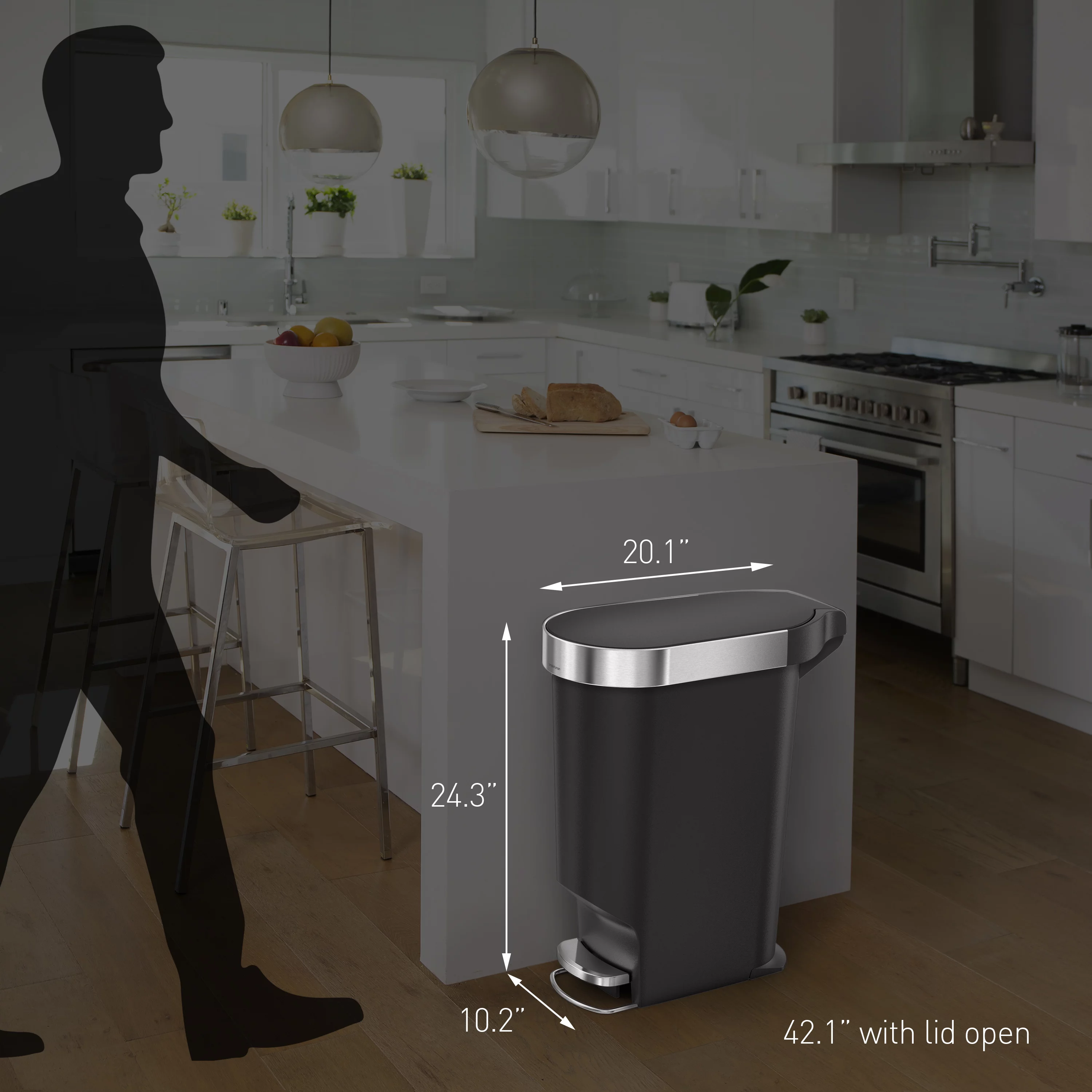 simplehuman 40 Liter / 10.6 Gallon Slim Kitchen Step Trash Can with Liner Rim, Black Plastic