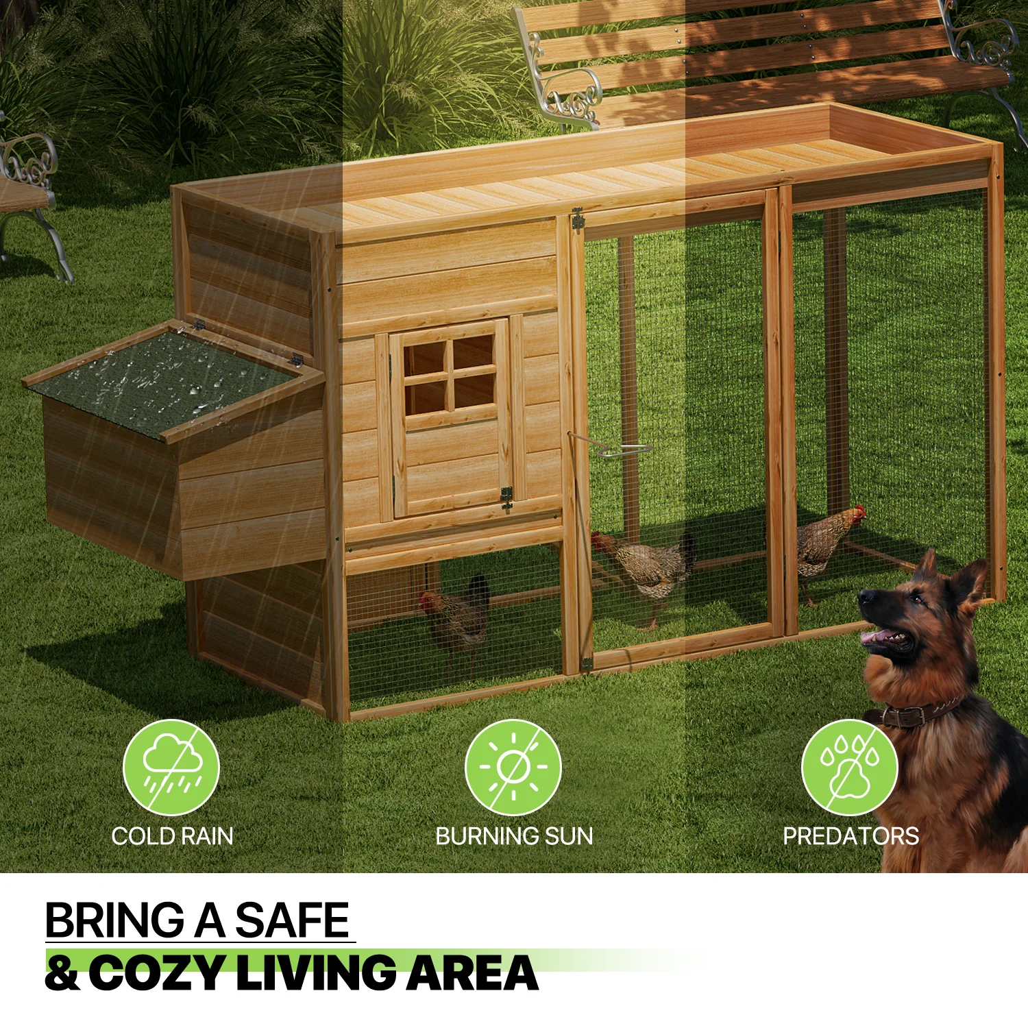Magshion Outdoor Chicken Coop with Nesting Box, Outdoor Hen Run House with Slide-Out Tray and Sliding Door, Weatherproof Poultry Cage, Rabbit Hutch, Wood Duck House (Natural)