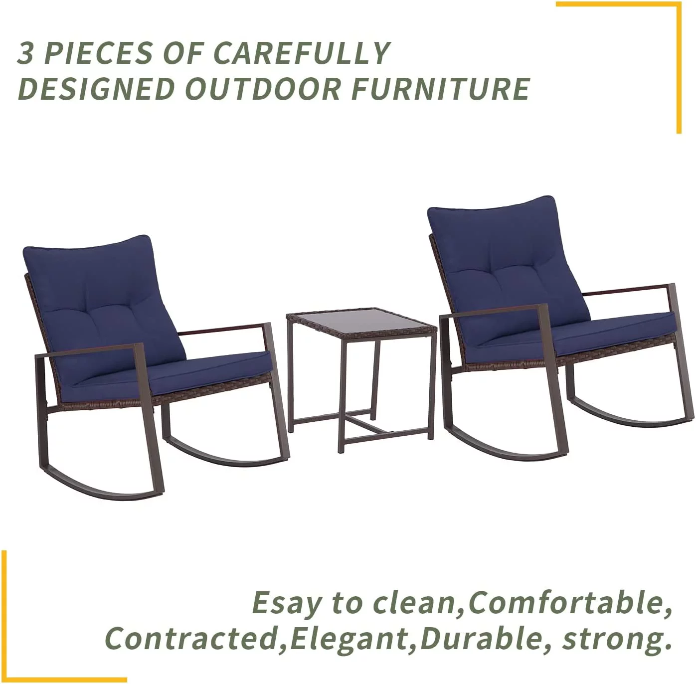 3 Piece Outdoor Rocking Bistro Set Brown Wicker  Porch Chairs Conversation Sets with Glass Coffee Table  Dark Grey
