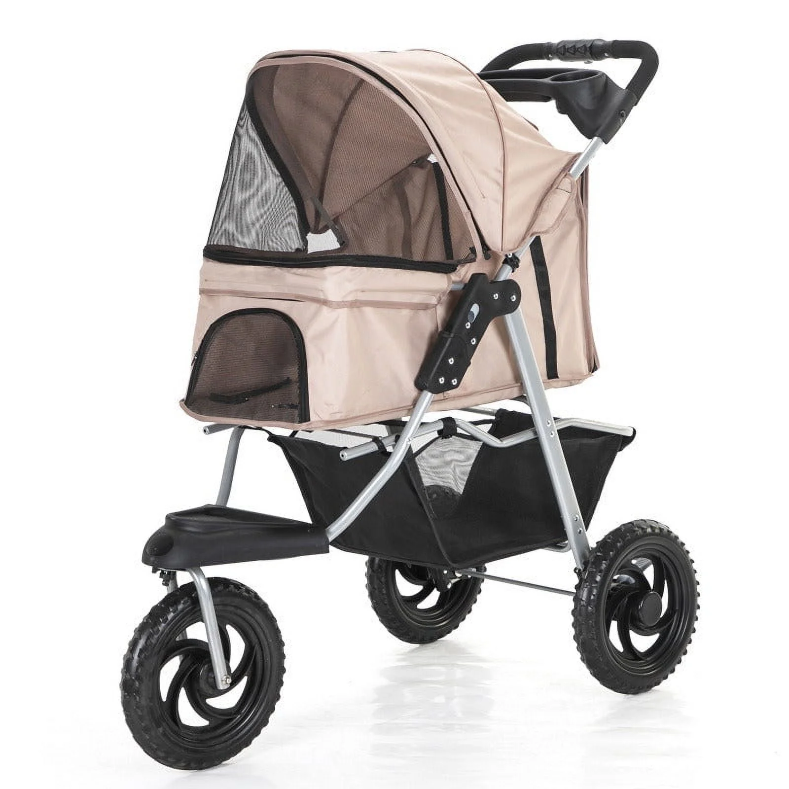 Three Wheel Folding Pet Stroller, Dog Jogger Travel Cats Carrier Adjustable Canopy Storage Brake Mesh Window - Black