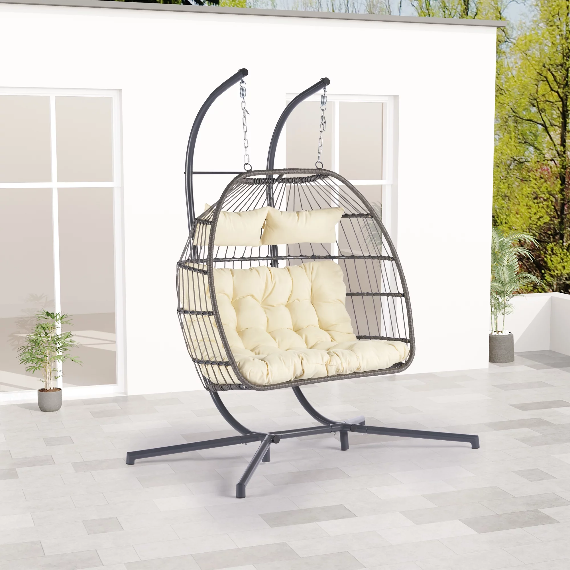 Sesslife 2 Person Double Egg Chair, Outdoor Patio Wicker Loveseat Hanging Chair, Swing Egg Chairs with Cushions, Double Seats Egg Chair 1400 lbs Capaticy for Patio Backyard Balcony Bedroom Gift