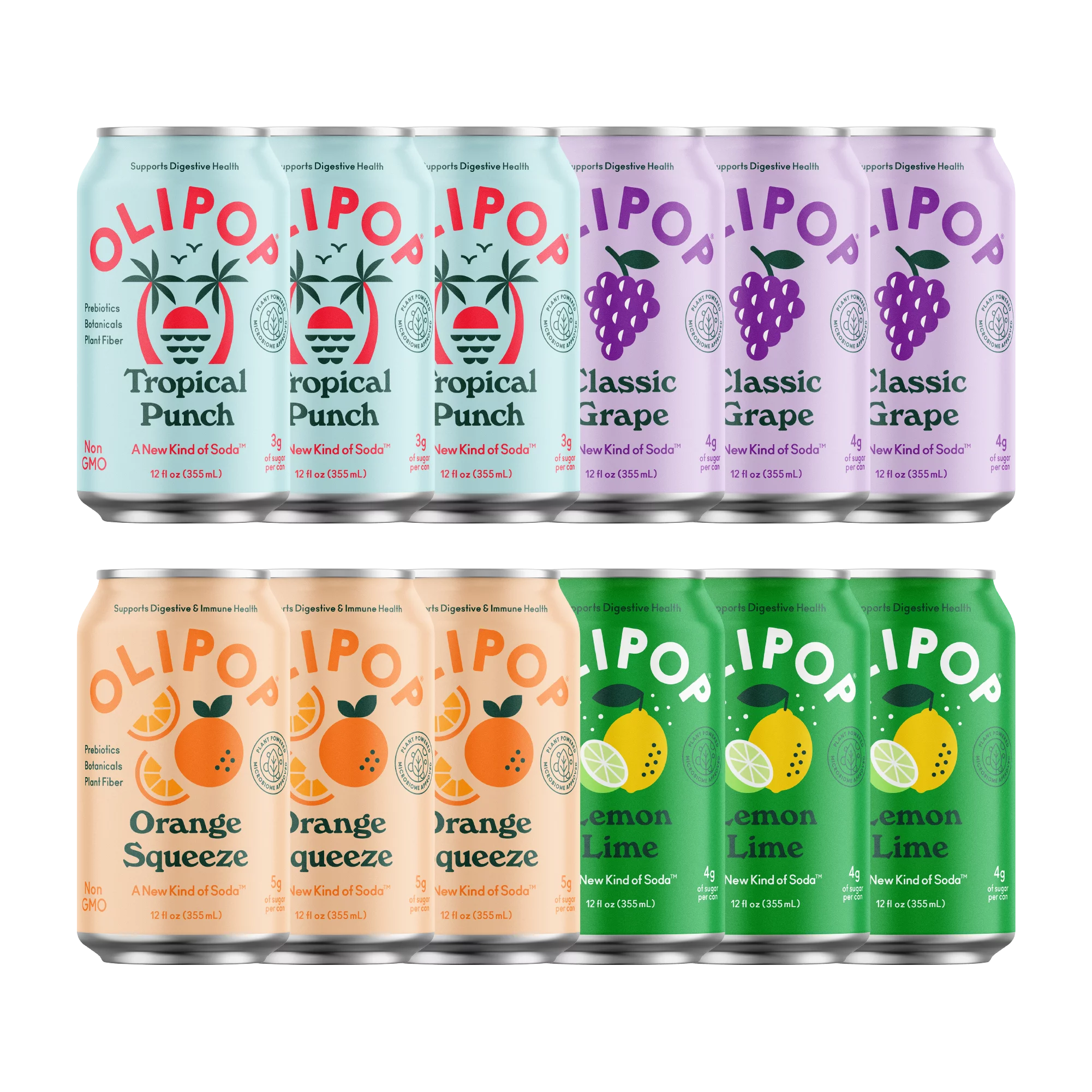 OLIPOP Prebiotic Soda, Fruity Fun Variety Pack, 12 fl oz, 12 Pack