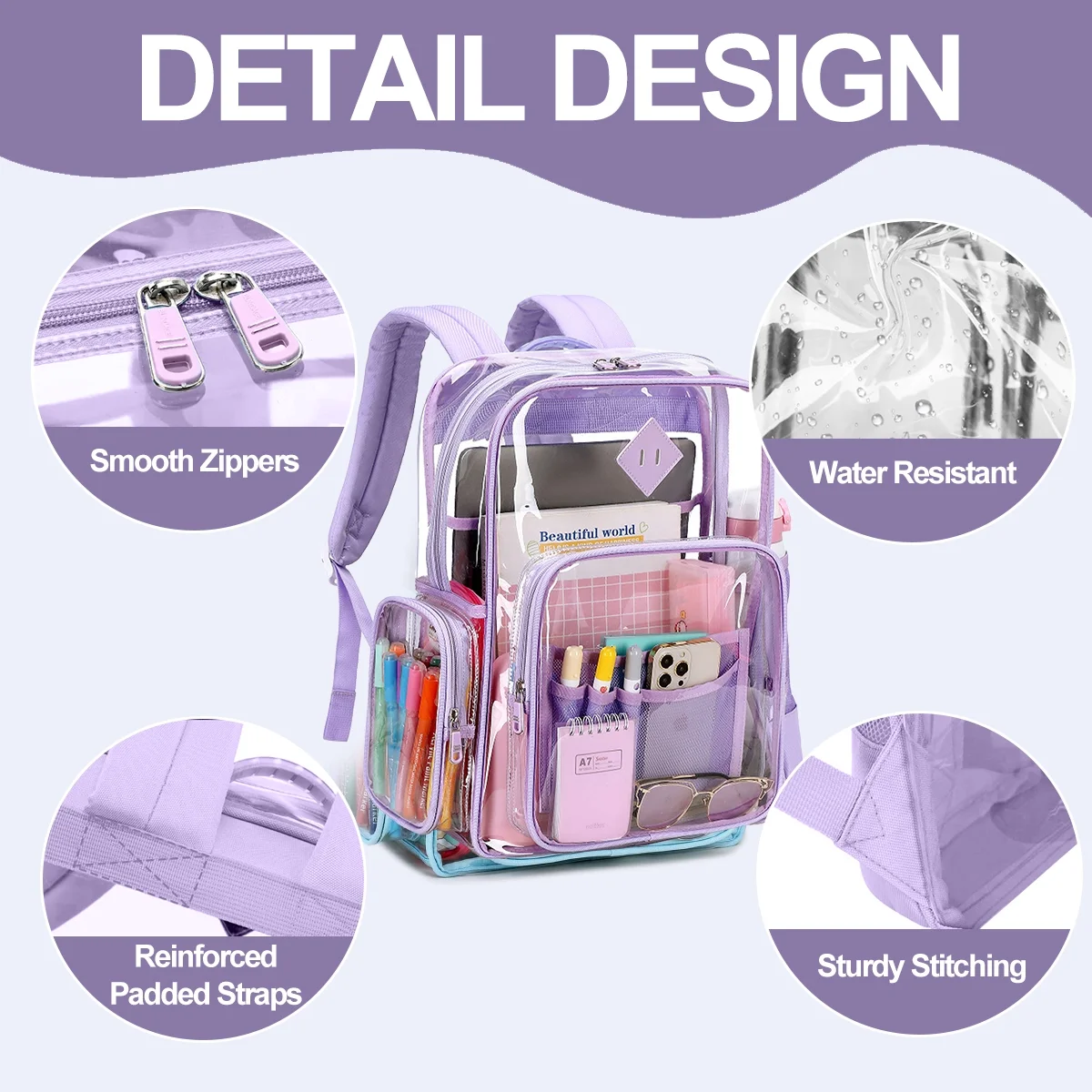 Sanmadrola Clear Backpack Heavy Duty Stadium Approved School Bookbag Large Waterproof PVC Transparent Backpacks for Kids Adults Clear Bag with Reinforced Strap for School Travel Purple