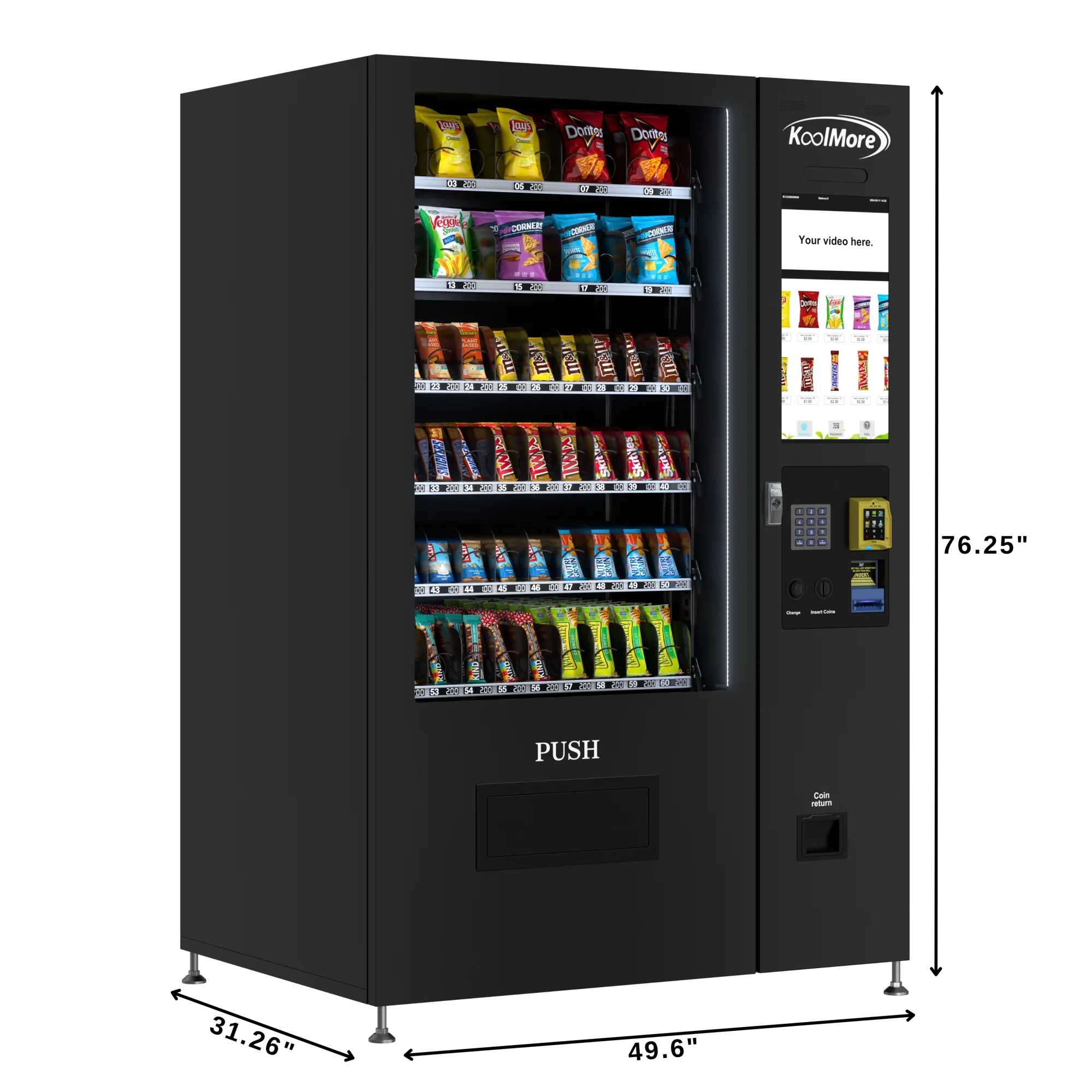 Non-Refrigerated Snack Vending Machine with 60 Slots, Credit Card Reader, and Bill acceptor with 22 Inch Touch Screen in Black (KM-VMNT-50-BR)