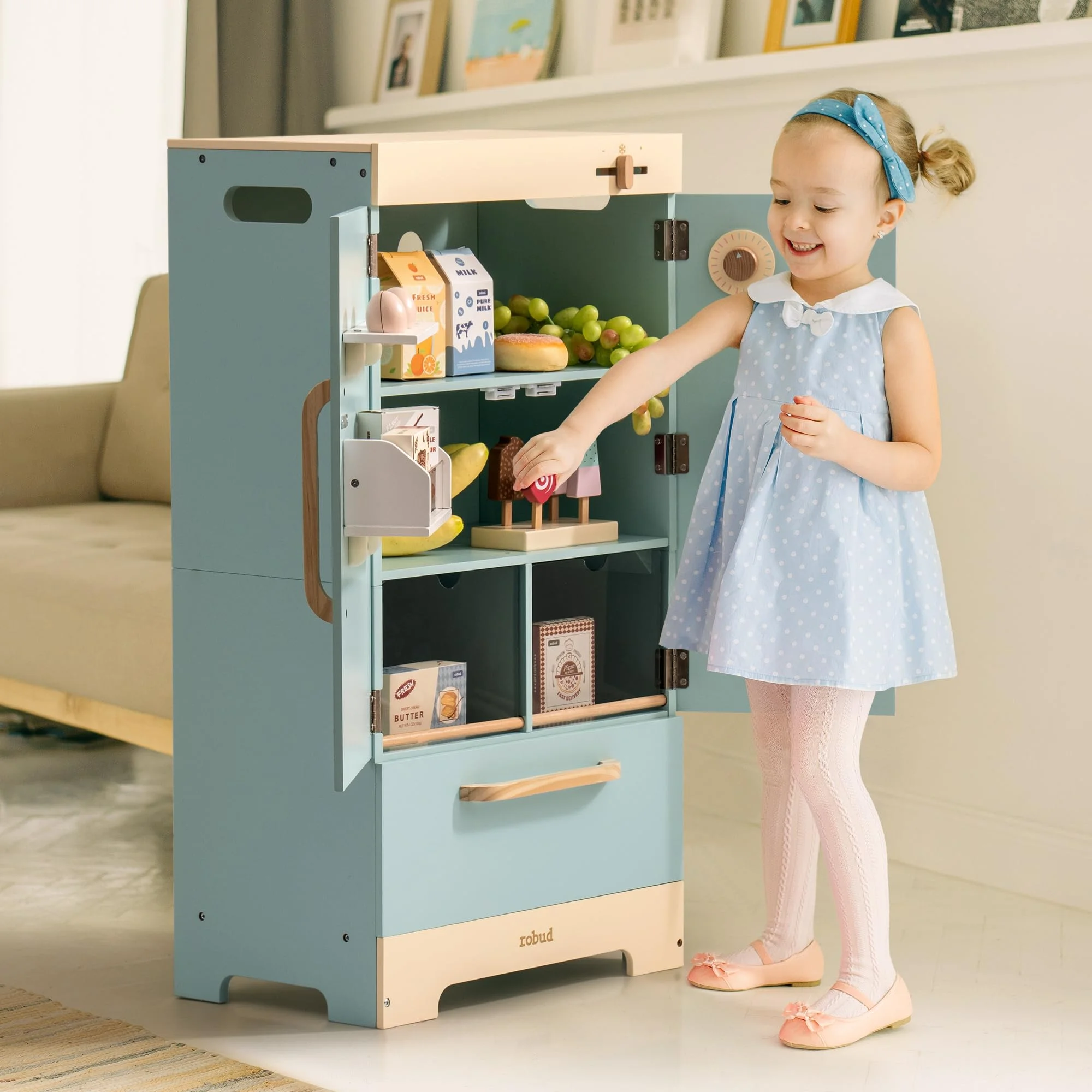 Robud Play Kitchen for Toddlers,Fridge Refrigerator with Ice Dispenser,Wooden Kids Play Kitchen Playset Toy,Gift for Ages 3+,Blue