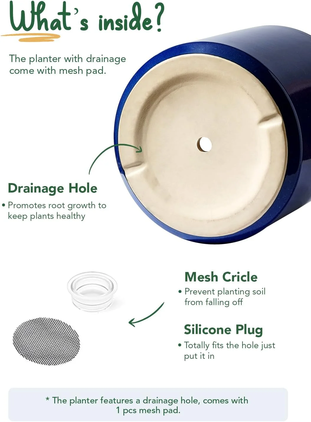 BEMAY 12 Inch Ceramic Large Plant Pot, Mid-Century Modern, with Drainage Hole and Removable Plug, Sapphire Blue