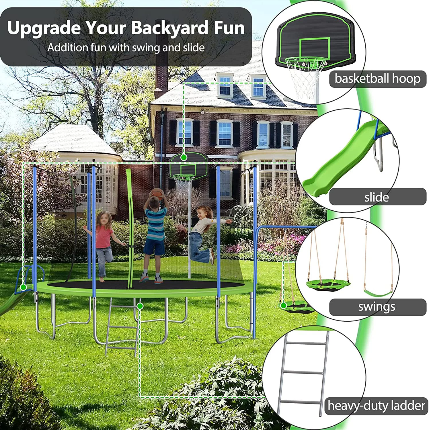 LISUEYNE 14FT Trampoline with Enlosure,Recreational Trampoline with Slide and Swing,Basketball Hoop,Ladder,Outdoor Fitness Trampoline,1200lbs Weight Capacity
