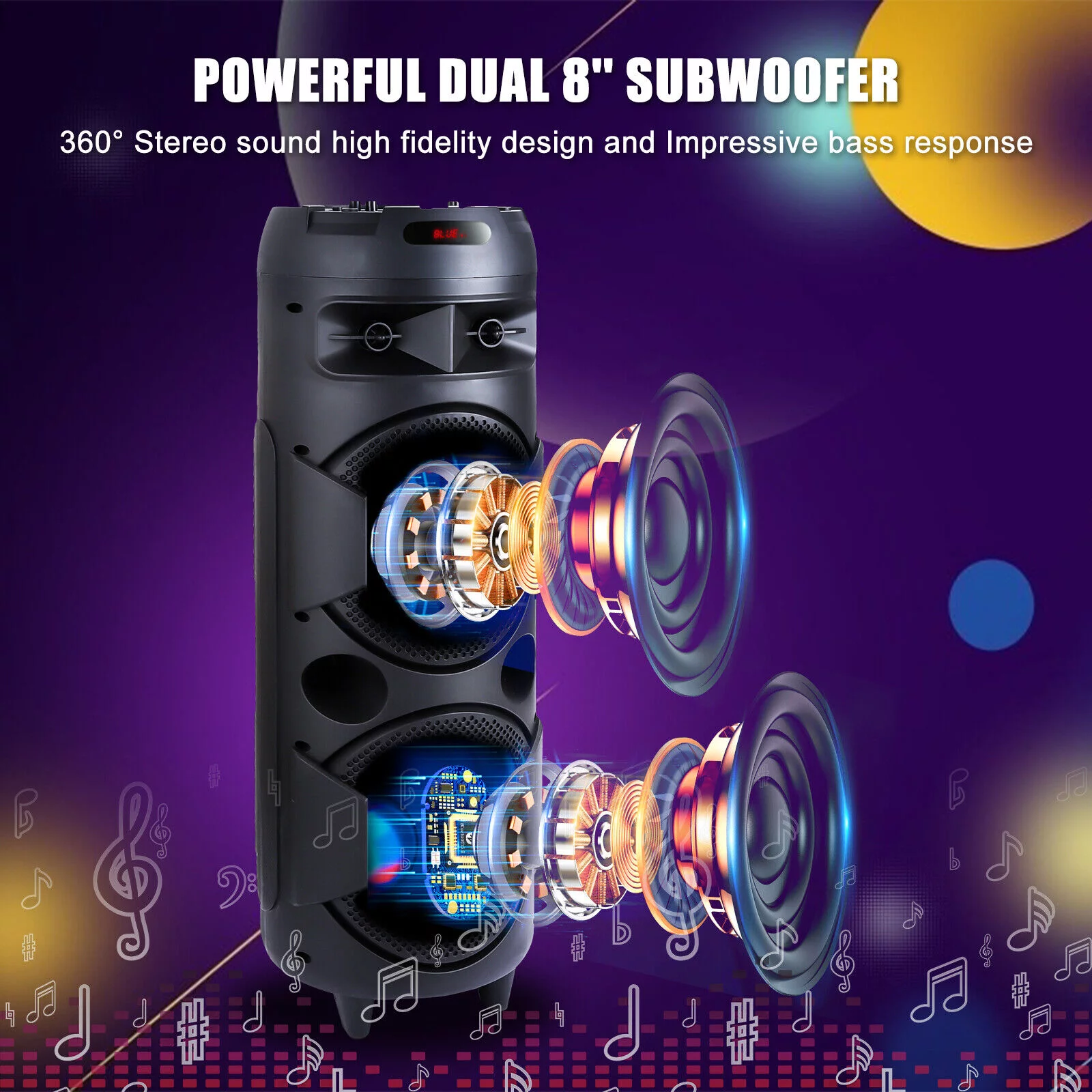 BEYGO Portable Party Speaker with Double Subwoofer Heavy Bass,Bluetooth 5.0 Wireless Outdoor Speaker with Mic,Stereo Sound, for Home,Party,Travel,Support FM Radio,Black
