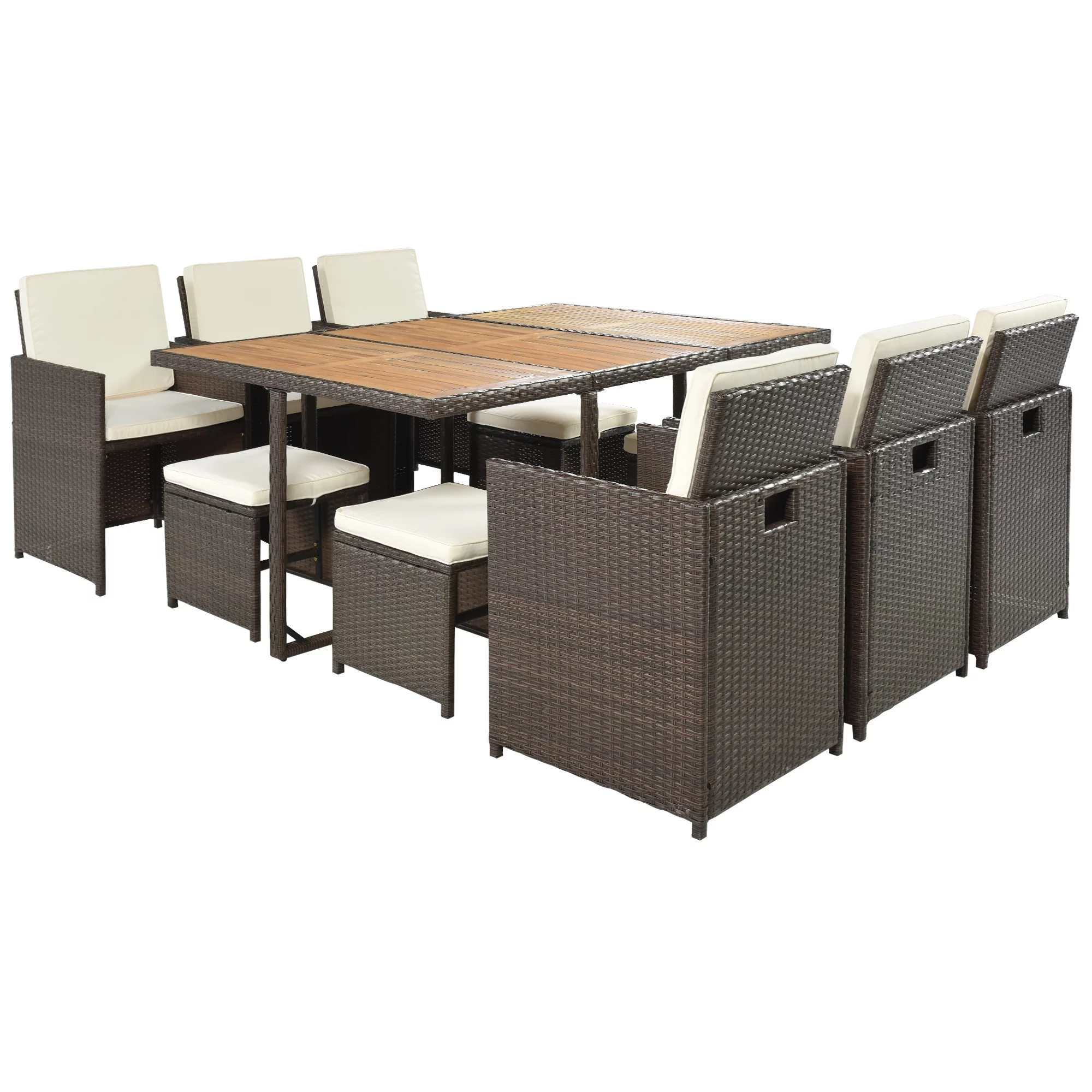 Euroco 11 Pieces Patio Dining Table Set All-Weather PE Wicker Table Set for 10 Persons, Brown Rattan & Beige Cushion