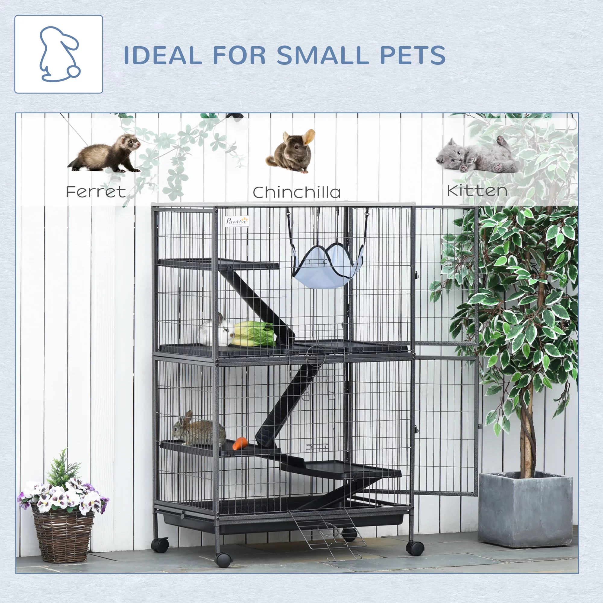 Pawhut 50” 4 Tier Steel Plastic Small Animal Pet Cage Kit with Wheels, Silver Gray Hammertone