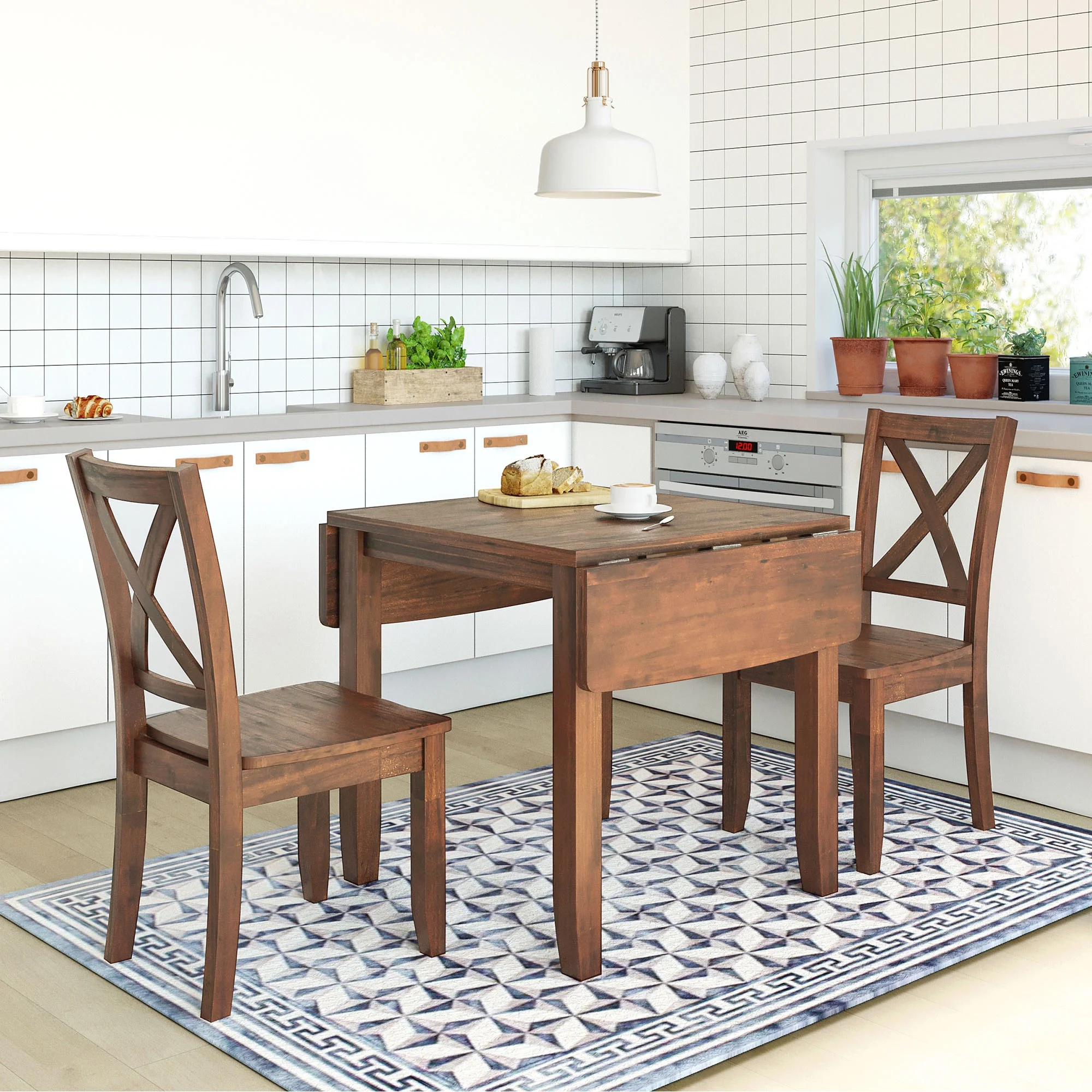 PAPROOS 3 Piece Wood Dining Table Set with Drop Leaf and 2 X-back Chairs, Modern Dining Room Table and Chairs Set for Small Space, Brown