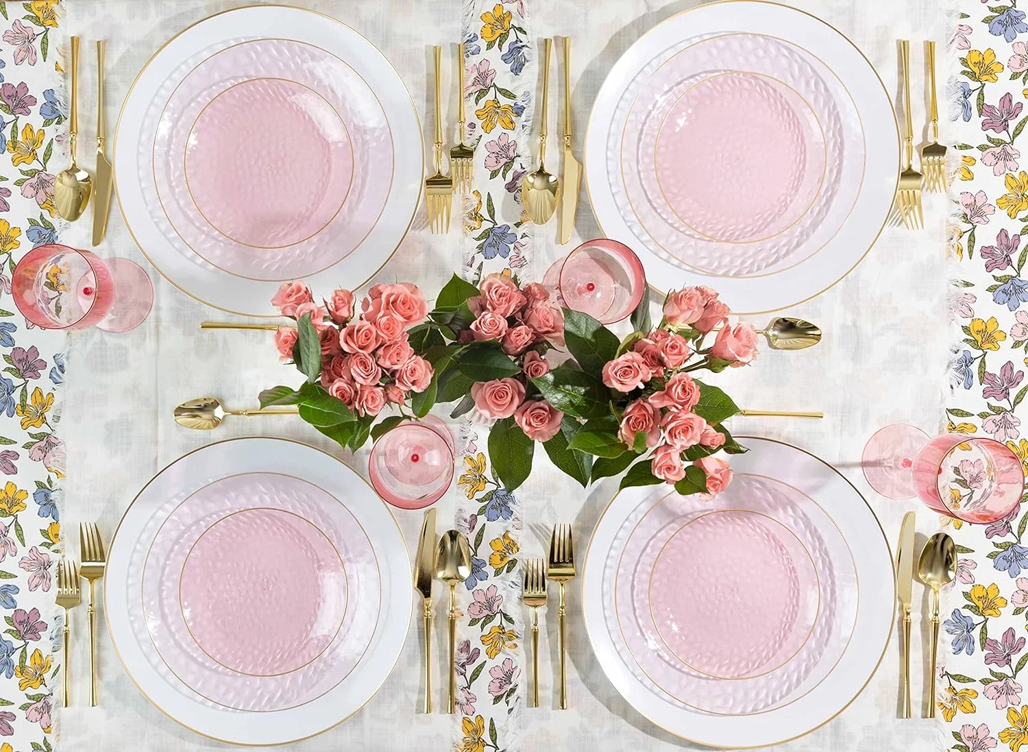 PLASTICPRO Pack of 30 Disposable Plastic Plates Fancy Dinner Plate Heavy Weight, Hammered Pink With Gold Rim 10