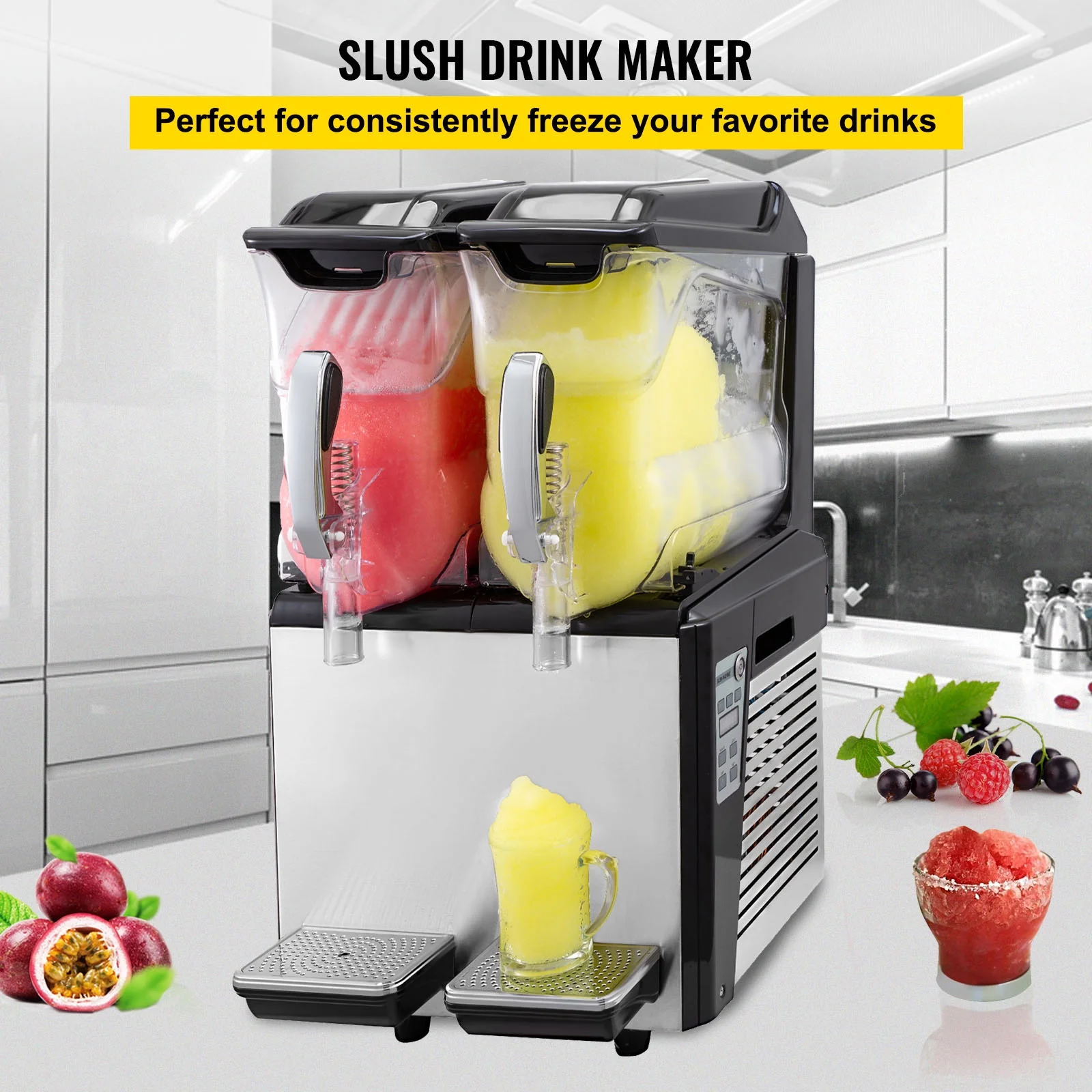 BENTISM Commercial Slushy Machine, 2 x 10 L Commercial Margarita Machine, 900W Black  Frozen Drink Maker, Temperature Slush 24.8°F to 28.4°F Slushie Machine, Black