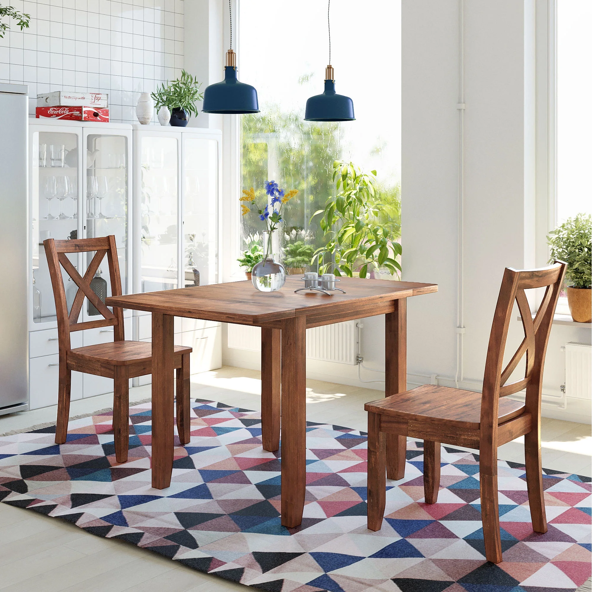 PAPROOS 3 Piece Wood Dining Table Set with Drop Leaf and 2 X-back Chairs, Modern Dining Room Table and Chairs Set for Small Space, Brown