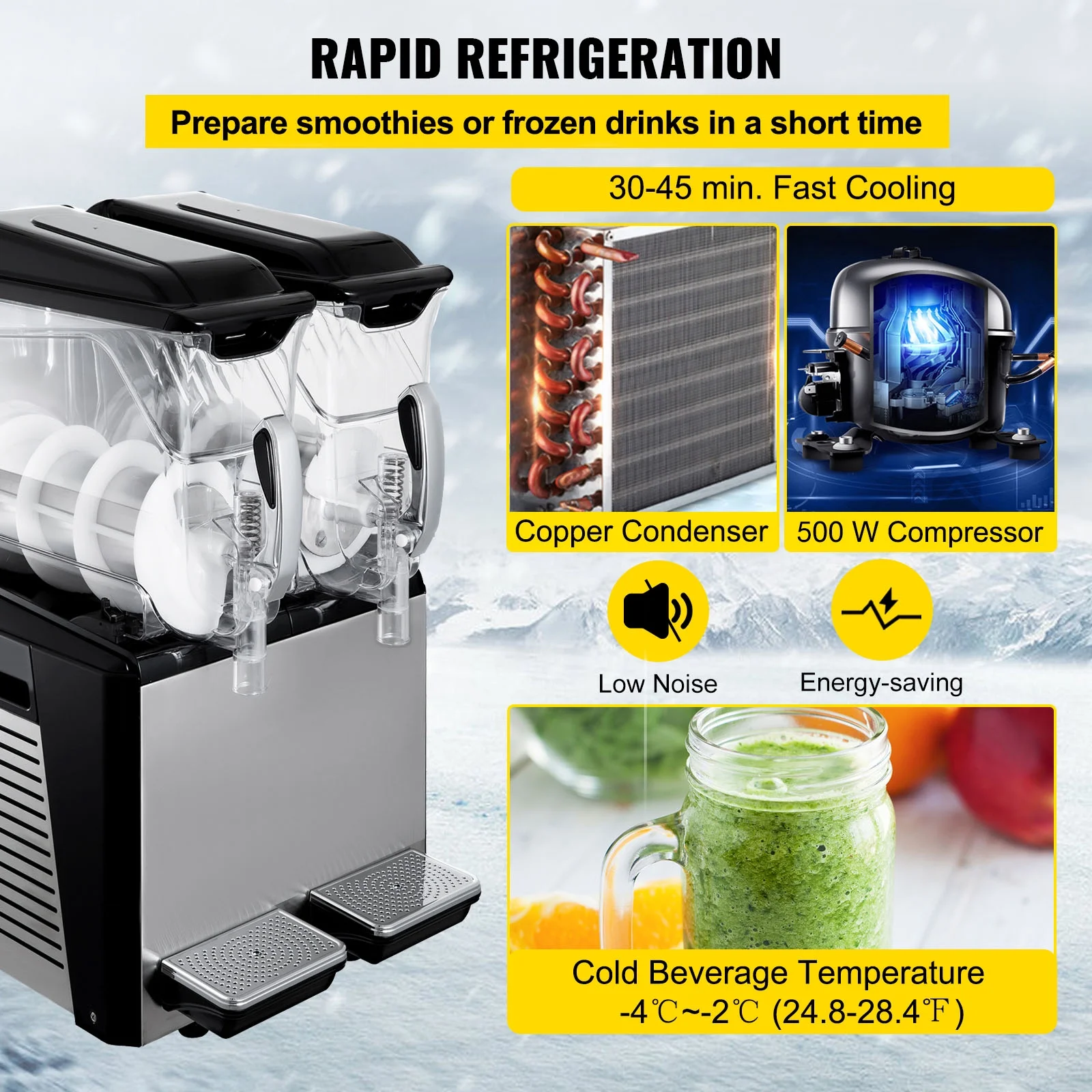 BENTISM Commercial Slushy Machine, 2 x 10 L Commercial Margarita Machine, 900W Black  Frozen Drink Maker, Temperature Slush 24.8°F to 28.4°F Slushie Machine, Black