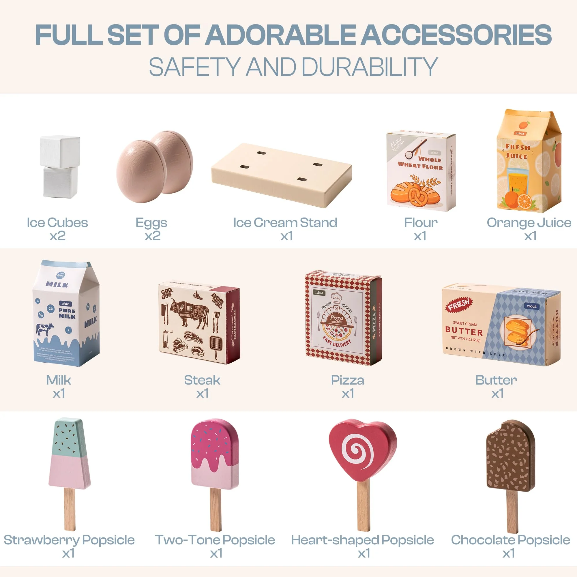 Robud Play Kitchen for Toddlers,Fridge Refrigerator with Ice Dispenser,Wooden Kids Play Kitchen Playset Toy,Gift for Ages 3+,Blue