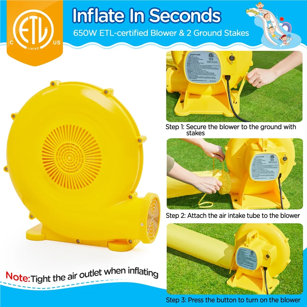 Alden Design Double Lane Inflatable Water Slide for Kids Aged 3 To 10 W/ Storage Bag & 650W Blower, Blue/Orange