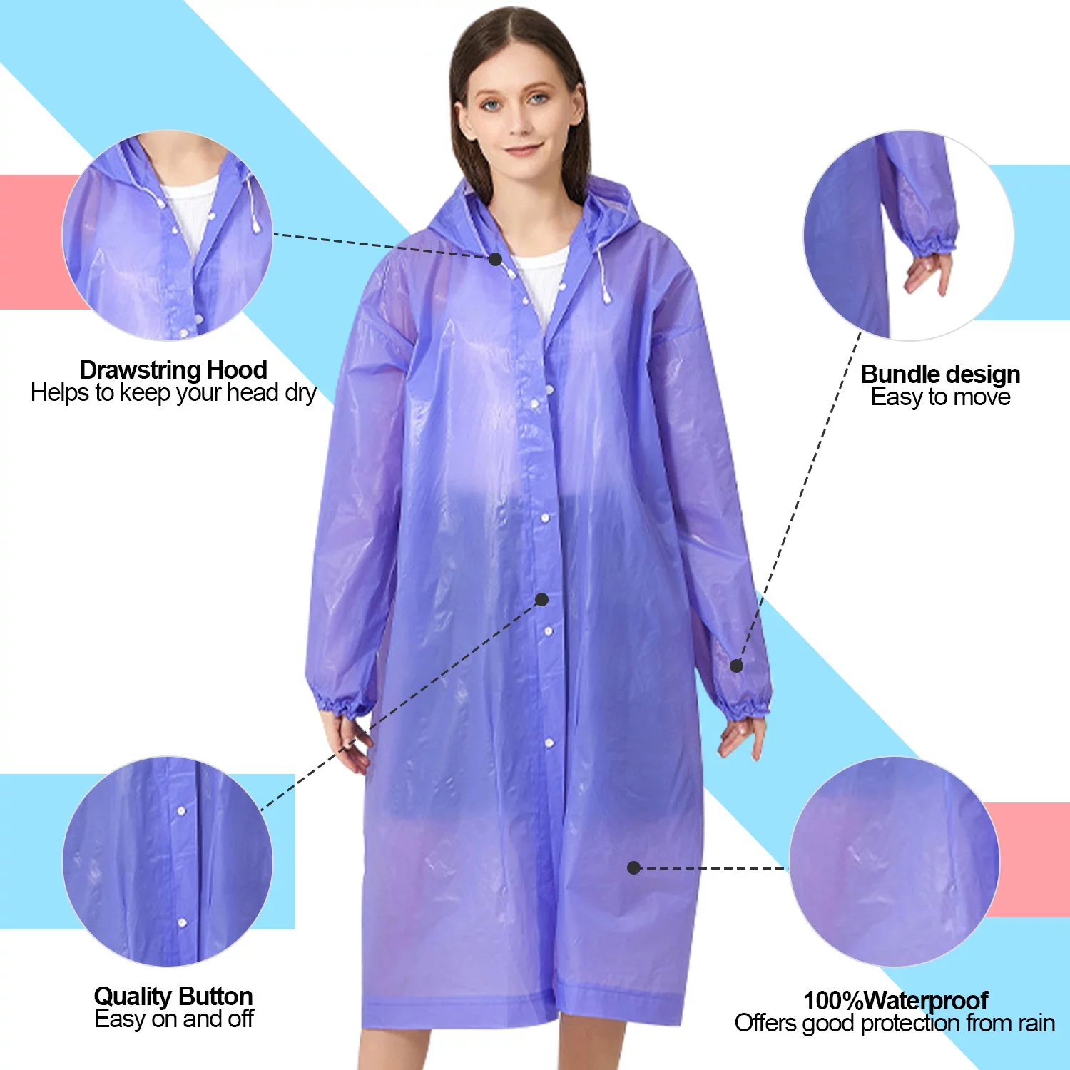Raincoat Waterproof Rain Coat Poncho Long Rain Jackets Lightweight with Drawstring Hood for Men Women (Pink 1 pack + Purple 1 Pack)