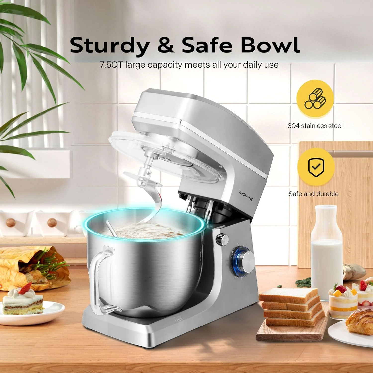 SPECSTAR 7.5 Quart Stand Mixer, 660W 6-Speed Tilt-Head Kitchen Electric Food Mixer with Beater, Dough Hook, Wire Whip, and Egg Separator, Silver