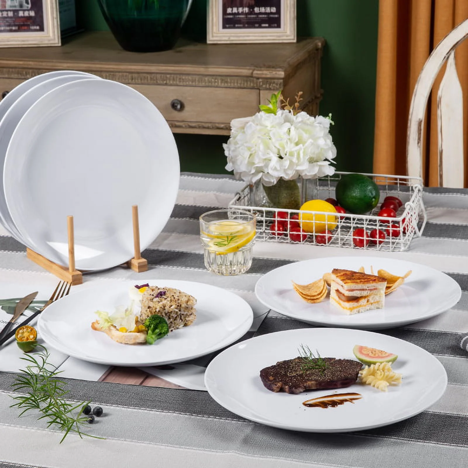 White Dinner Plates Set, 10in Dishes Set for Daily Use, Sets of 12