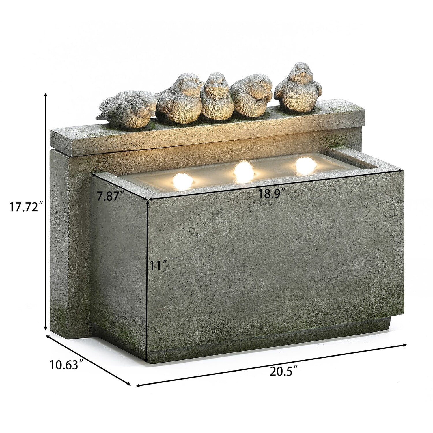 LuxenHome Gray Rectangular and Birds Resin Outdoor Bubbler Fountain with Lights