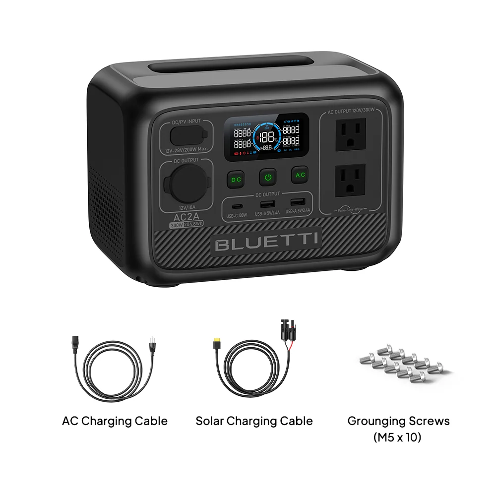 BLUETTI AC2A Portable Solar Generator, 204.8Wh LiFePO4 Power Station,W/Carry Bag,With 300W Rated Power (600W Lifting Power) for Camping, Hiking, Home, 0-80% Recharge in 45 Mins