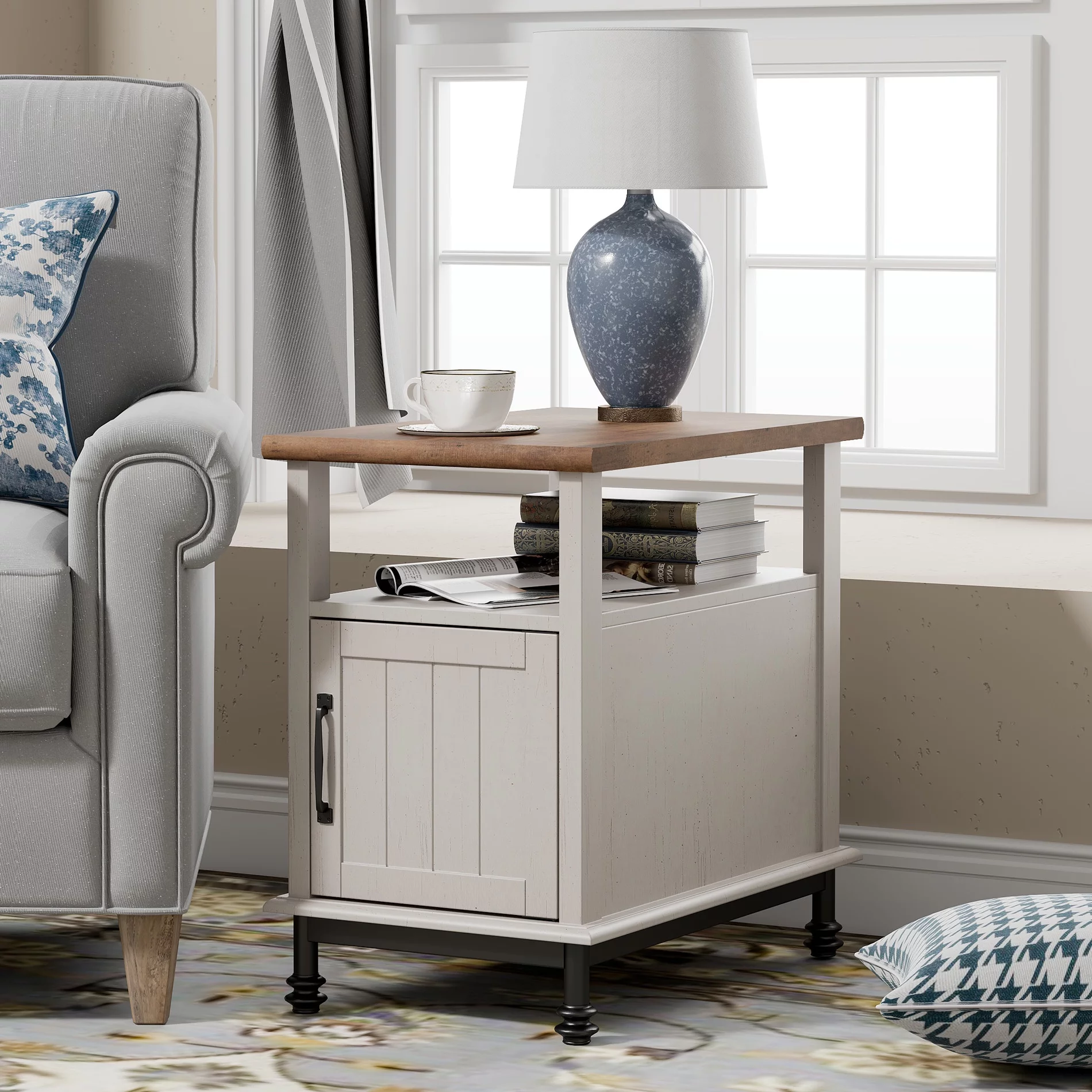 WAMPAT 3 Pieces Living Room Table Sets,1 Farmhouse TV Stand, 1 Coffee Table with Drawer,1 End Table with Charging Station, White/Oak