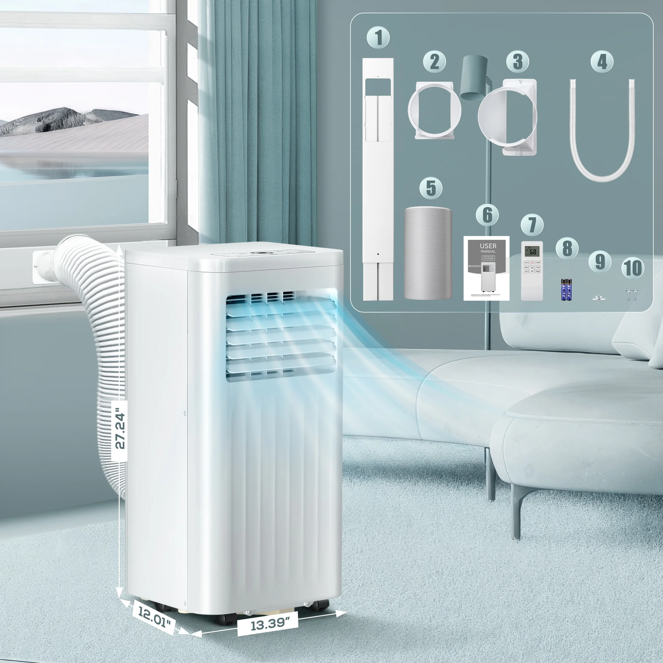KISSAIR 5000BTU (8000BTU ASHRAE) Portable Air Conditioner, Ultra Quiet 3-in-1 Portable AC Unit,  24H Timer, Air Conditioner Remote Control-White