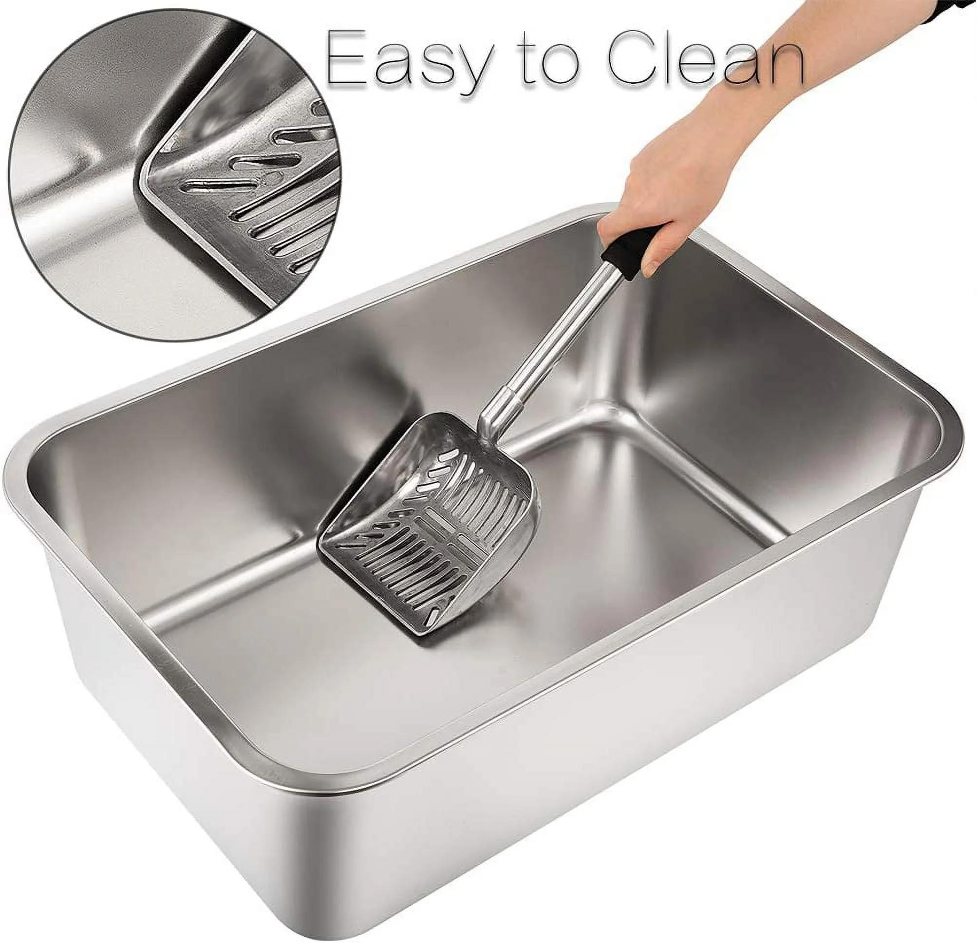 Stainless Steel Litter Box for Cat and Rabbit, Large Size with 8in High Sides and Non Slip Rubber Feet. Odor Control, Non Stick Smooth Surface, Easy to Clean, Never Bend