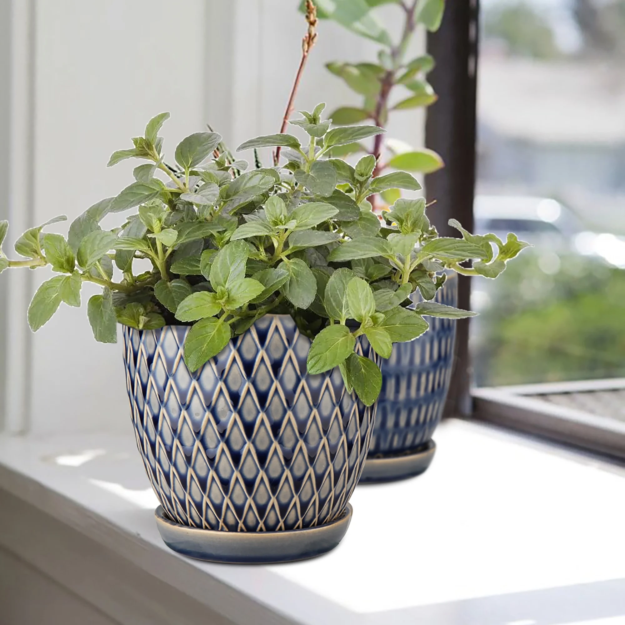 3 Pcs Ceramic Flower Planter Pots 4 Inch with Drainage Hole and Ceramic Tray for Succulents Cactus Indoor Outdoor Garden Home Windowsill Blue