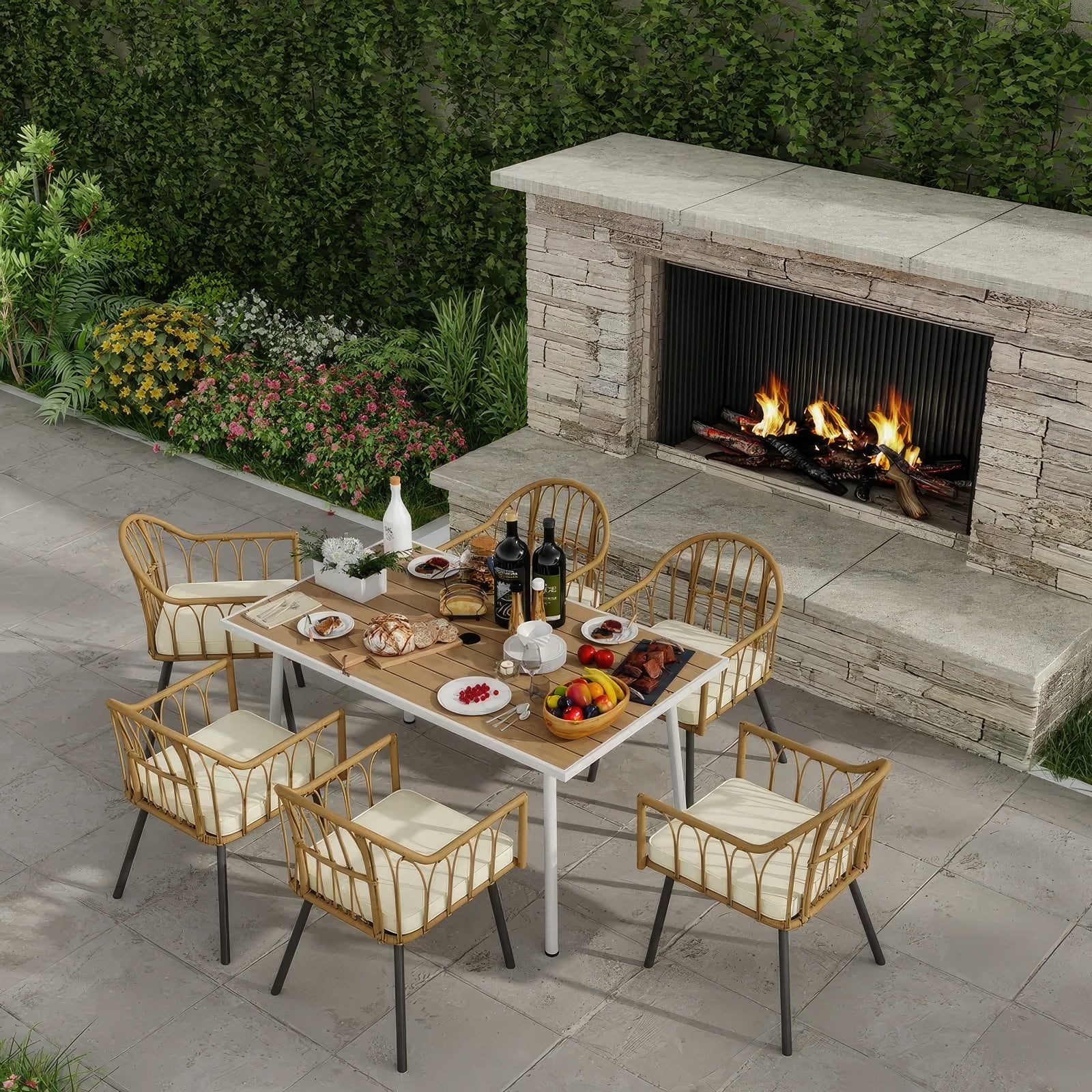 Dextrus 7 Pieces Outdoor Patio Dining Set with 6 Rattan Wicker Dining Chair & Rectangle Table with Umbrella Hole for 6-Person, Beige