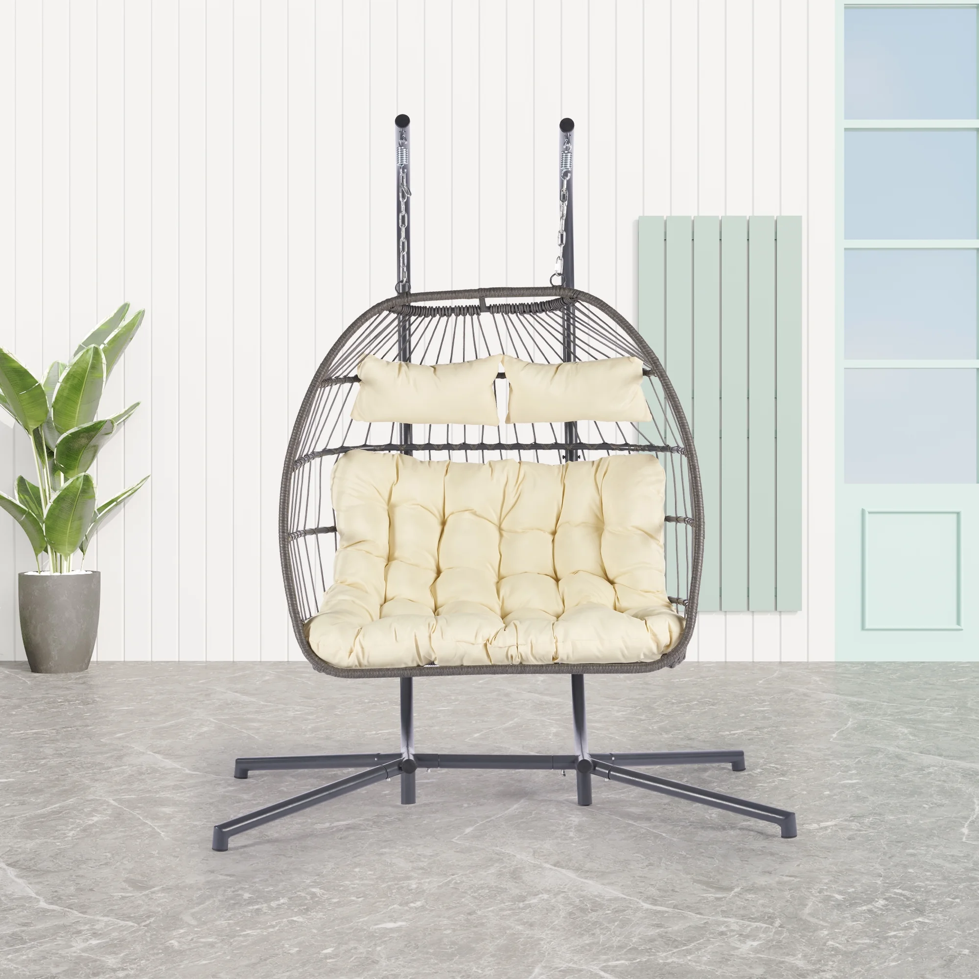 Sesslife 2 Person Double Egg Chair, Outdoor Patio Wicker Loveseat Hanging Chair, Swing Egg Chairs with Cushions, Double Seats Egg Chair 1400 lbs Capaticy for Patio Backyard Balcony Bedroom Gift
