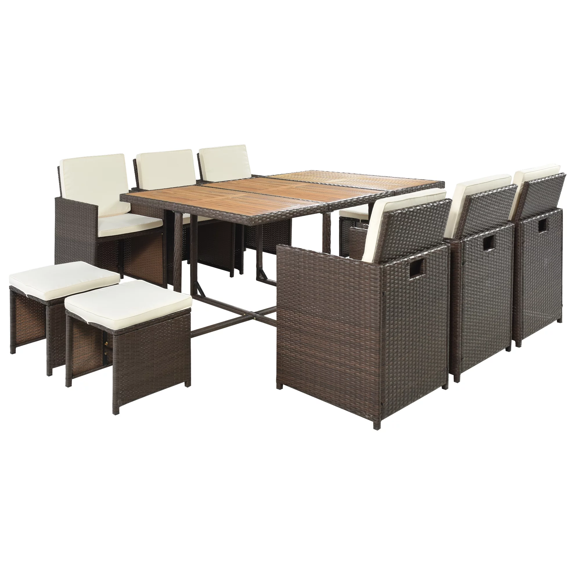 Euroco 11 Pieces Patio Dining Table Set All-Weather PE Wicker Table Set for 10 Persons, Brown Rattan & Beige Cushion