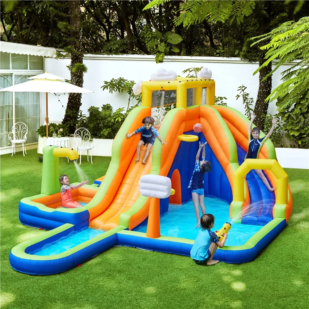 Alden Design Double Lane Inflatable Water Slide for Kids Aged 3 To 10 W/ Storage Bag & 650W Blower, Blue/Orange