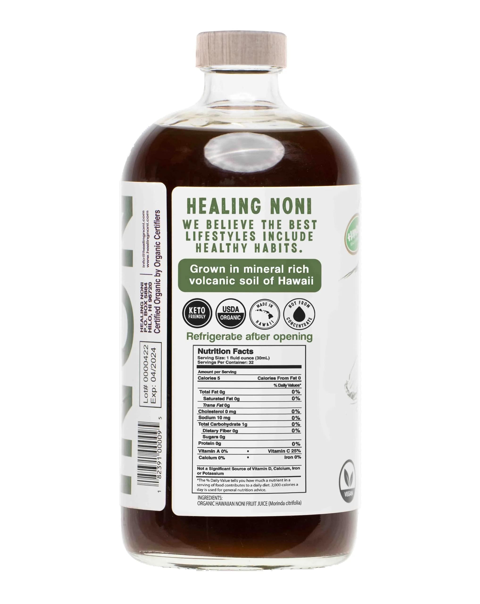 Healing Noni - Raw Organic Hawaiian Noni Juice - 4 Pack of 32oz Glass Bottles
