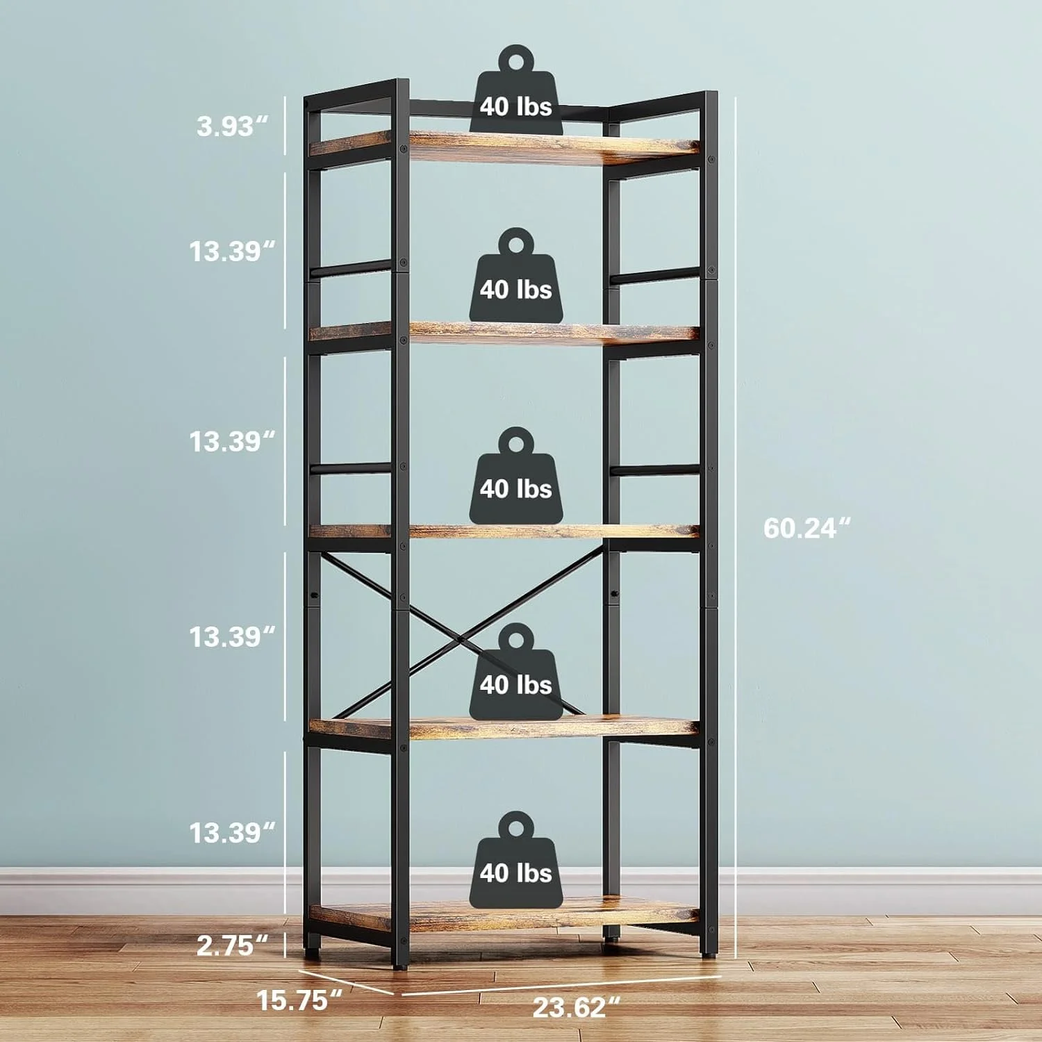 5-Tier for Kitchen with Storage, Industrial Microwave Stand Oven Shelf, Free Standing Kitchen Storage Shelf Rack (23.62 L x 15.75 W x 60.24 H, Black)