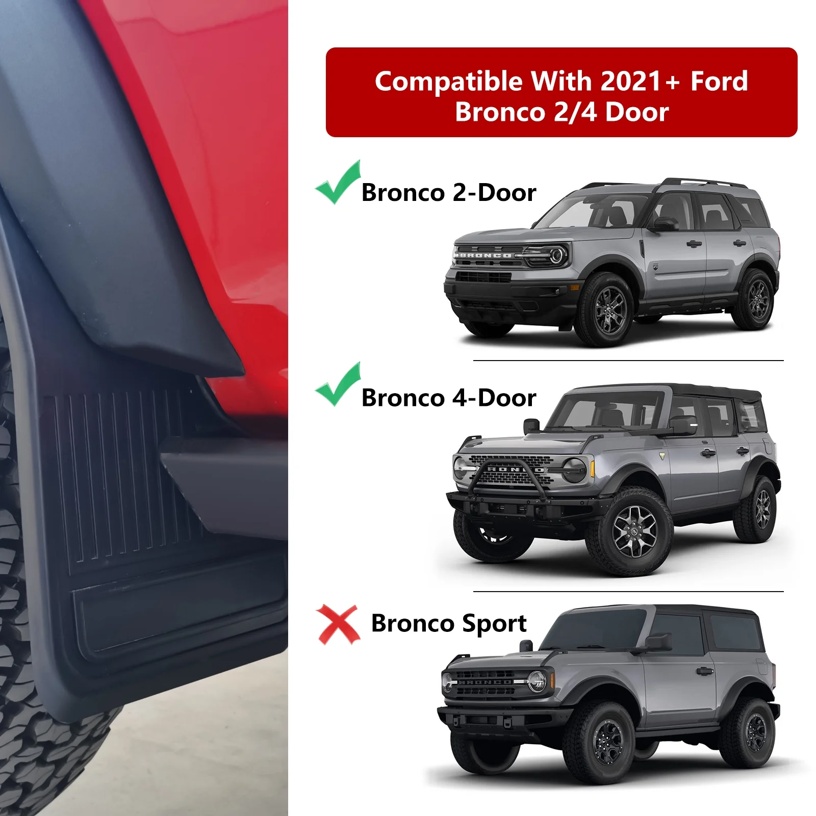 Ikon Motorsports Compatible With 2021-2023 Ford Bronco Mud Flaps 4PCS Black PP Front Rear Left Right Splash Mud Guard Mudguard Mudflaps