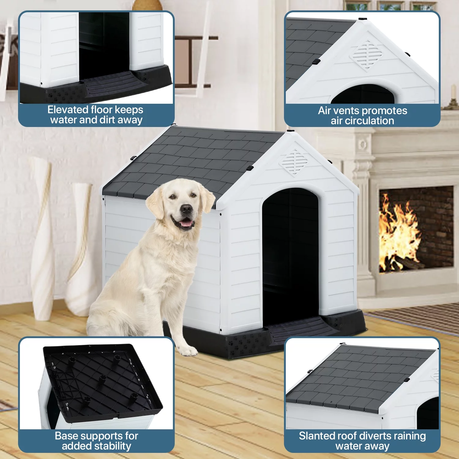 Extra Large Dog House for Large Medium Dogs 41x37.4x39 inch Plastic Water Resistant Dog Houses with Hight Base Support for Winter Tough Durable House with Air Vents Elevated Floor, Grey