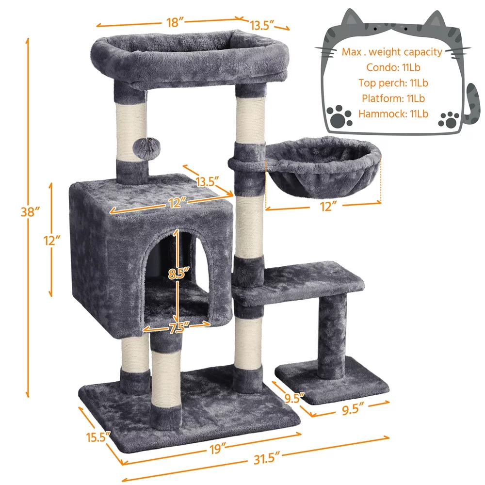 Easyfashion 4-Level Plush Cat Tree Cat Pet Scratching Stand with Condo, Dark Gray