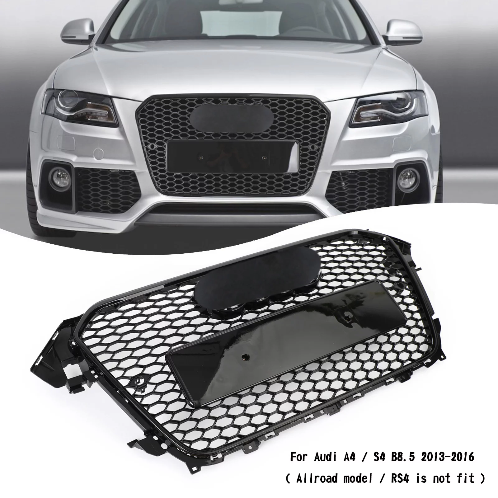 RS4 Style Mesh Front Bumper Grille Grill fit for Audi A4 S4 2013-2016 Gloss Black