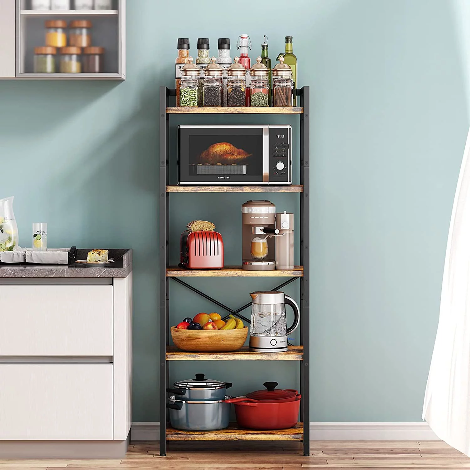 5-Tier for Kitchen with Storage, Industrial Microwave Stand Oven Shelf, Free Standing Kitchen Storage Shelf Rack (23.62 L x 15.75 W x 60.24 H, Black)