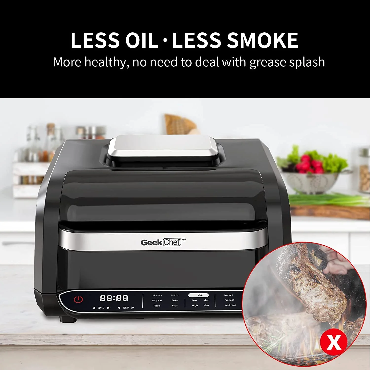 Smart Air Fryer Indoor Grill Combo, 7-in-1 Electric Grills Smokeless & Oilless Cooker, Roast, & Bake Temp & Time Control Grills, with Removable Non-stick Grill Plate